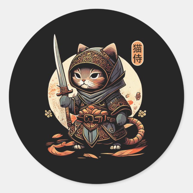 Adesivo Redondo Gato Samurai Cat Tattoo Kawaii Ninja (Frente)