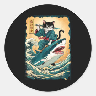 Adesivo Redondo Gato Samurai Engraçado Andando em Tubarão Vintage