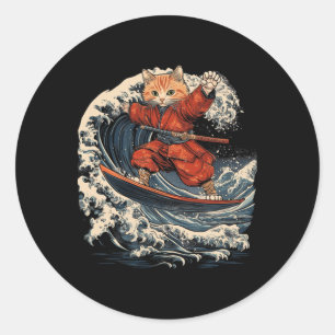 Adesivo Redondo Gato Samurai Surfando Grande Onda Ronin Katana