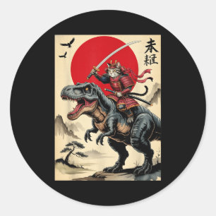 Adesivo Redondo Gato samurai vintage montando dinossauro gato japo