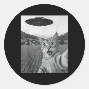 Adesivo Redondo Gato Selfie Com Alienígena Ufo Engraçado Alienígen