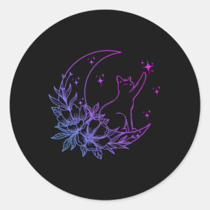 Adesivo Redondo Gato Sentado No Crescente Flor Da Lua Estrelas Mul