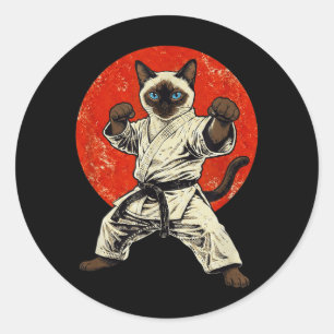Adesivo Redondo Gato Siamês de Karatê Artes Marciais Retro Japonês