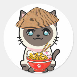 Adesivo Redondo Gato siamês engraçado come macarrão