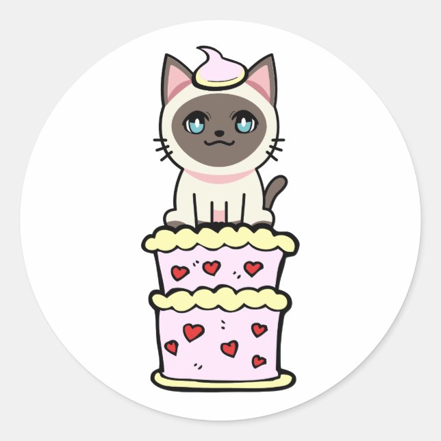 Adesivo Redondo Gato siamês engraçado pulando de um bolo (Frente)