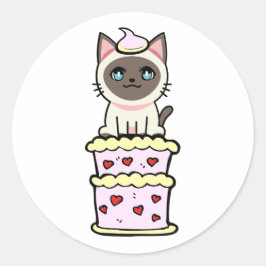 Adesivo Redondo Gato siamês engraçado pulando de um bolo