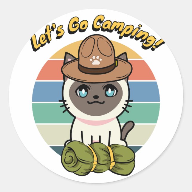 Adesivo Redondo Gato siamês engraçado quer ir acampar (Frente)