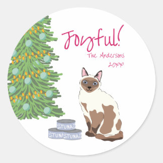 Adesivo Redondo Gato Siamês Fofo com Atum Natal Alegre