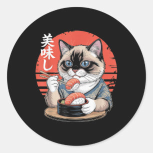 Adesivo Redondo Gato siamês japonês comendo sushi kawaii anime gat
