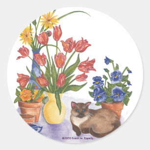 Adesivo Redondo Gato Siamês Tulipas Pansies Watercolor "Chester"
