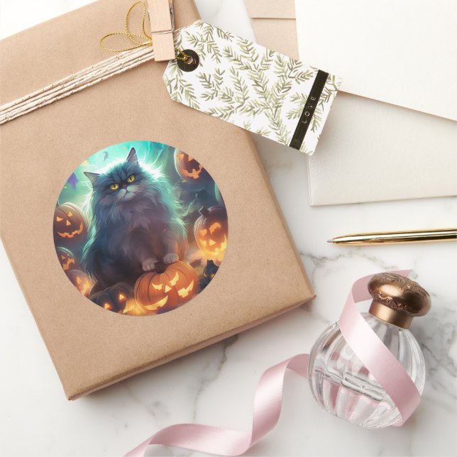 Adesivo Redondo Gato Siberiano De Halloween Com Pumpkins Assustado (Presentear)