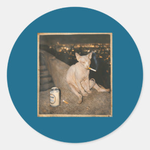 Adesivo Redondo Gato Sphynx Fumando Meme Engraçado
