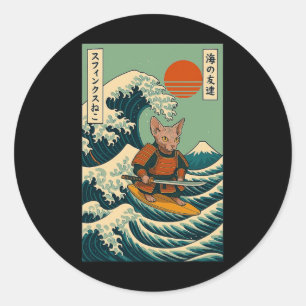 Adesivo Redondo Gato Sphynx Samurai Surfando Onda Japonesa