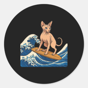 Adesivo Redondo Gato Sphynx Surfando Onda Japonesa