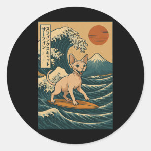 Adesivo Redondo Gato Sphynx Surfando Onda Japonesa Grande Onda Kaw