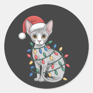 Adesivo Redondo Gato Sphynx Vestindo um Chapéu de Papai Noel e Env