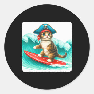 Adesivo Redondo Gato Surfista Com Chapéu de Pirata na Prancha de S