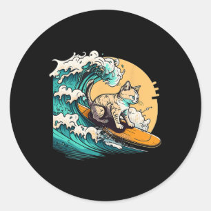 Adesivo Redondo Gato Surfista, Gato No Surfboard, Gato Montando On