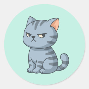 Adesivo Redondo Gato Tabby Cinza Mal-Humorado no Verde