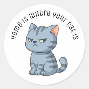 Adesivo Redondo Gato Tabby Cinza Mal-Humorado Texto Personalizado