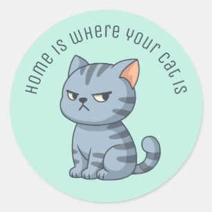 Adesivo Redondo Gato Tabby Cinza Mal-Humorado Texto Personalizado