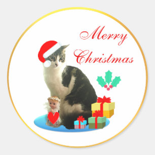 Adesivo Redondo Gato Tabby de Natal Fofo