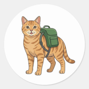 Adesivo Redondo Gato Tabby Gengibre Fofo com Mochila