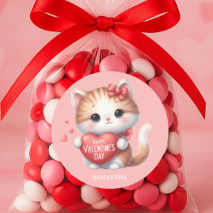 Adesivo Redondo Gato Tigre Fofo Coração Vermelho Feliz Dia dos Nam