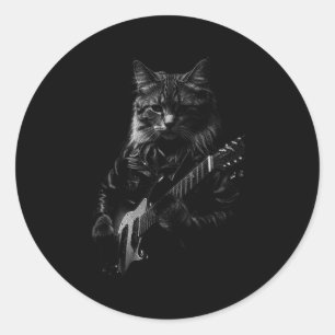Adesivo Redondo Gato Tocando Guitarra Rock Star Rock And Roll Home