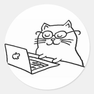 Adesivo Redondo Gato trabalhando com laptop