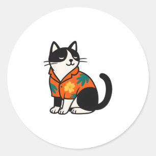Adesivo Redondo Gato Tropical Engraçado Design de Férias Havaiano