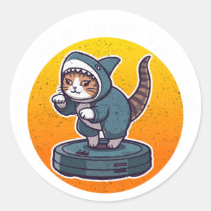 Adesivo Redondo Gato Tubarão Engraçado em Aspirador Robótico Arte