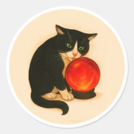 Adesivo Redondo Gato Tuxedo com bola de cristal vermelha