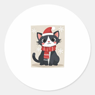 Adesivo Redondo Gato Tuxedo de Natal Cachecol Santa Feio Xmas Mulh