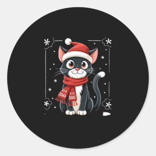 Adesivo Redondo Gato Tuxedo de Natal Cachecol Santa Feio Xmas Mulh