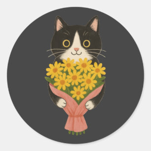 Adesivo Redondo Gato Tuxedo Fofo com Buquê de Girassóis