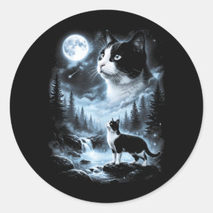 Adesivo Redondo Gato Tuxedo Uivando Para a Lua 90s Retro