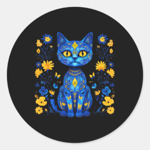 Adesivo Redondo Gato Ucrânia Floral Bandeira Ucraniana Vintage Vys
