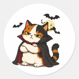 Adesivo Redondo Gato Vampiro Mal-Humorado de Halloween