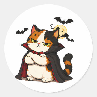 Adesivo Redondo Gato Vampiro Mal-Humorado de Halloween