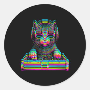 Adesivo Redondo Gato Vaporwave Dj Techno Rave Edm Concerto de Músi
