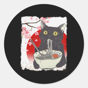 Adesivo Redondo Gato Vintage Comendo Ramen Engraçado Noodle Gato J