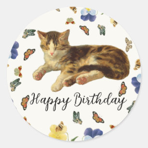 Adesivo Redondo Gato Vitoriano Floral Borboleta Feliz Aniversário