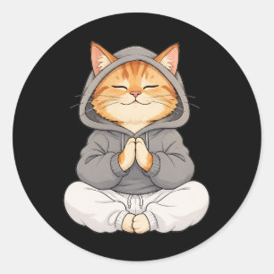 Adesivo Redondo Gato Zen com Capuz – Gato de Desenho Animado Fofo