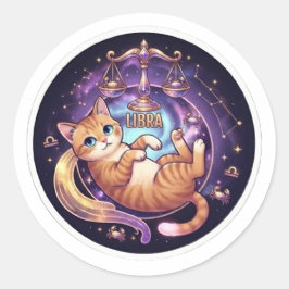 Adesivo Redondo Gato Zodíaco de Libra Fofo Espaço Galáxia Estrelas