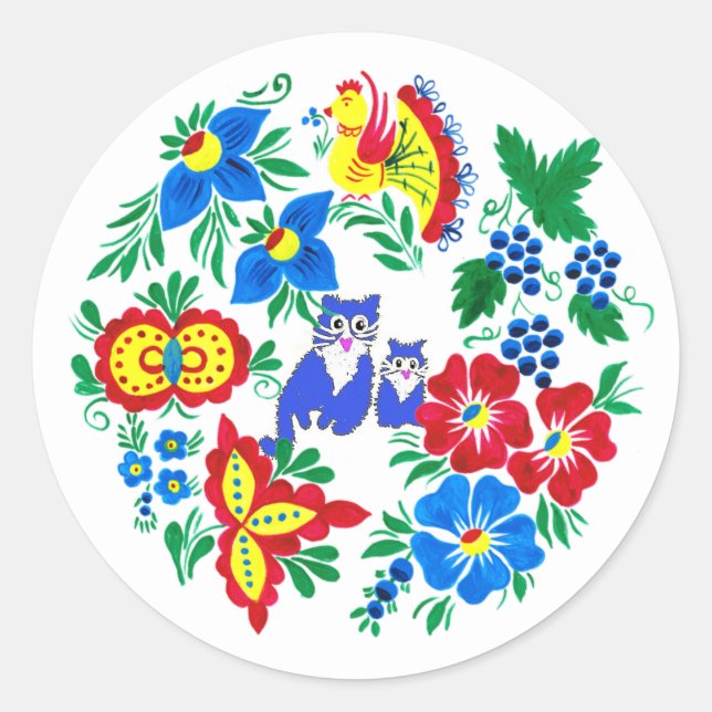 Adesivo Redondo Gatos Azuis, Arte Popular (Frente)