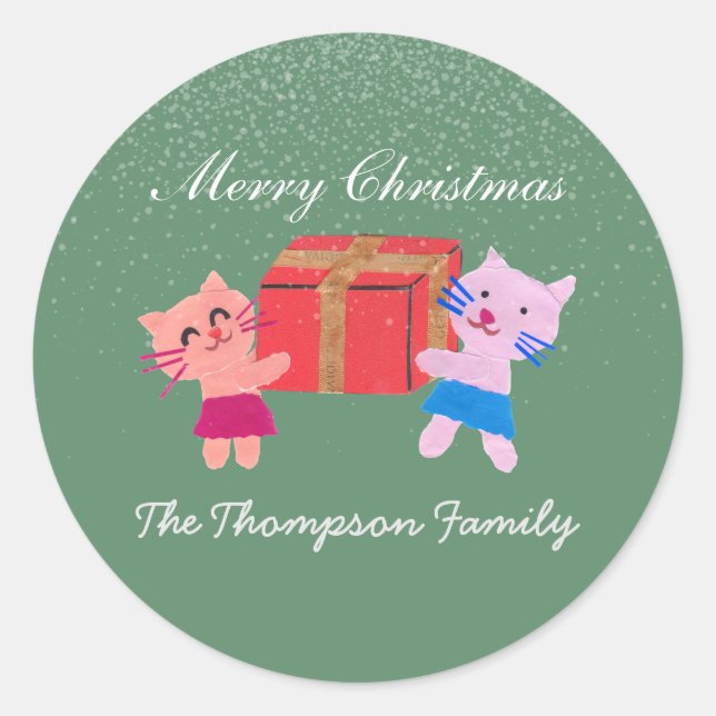 Adesivo Redondo gatos brincalhões com caixa de presentes verde Nat (Frente)