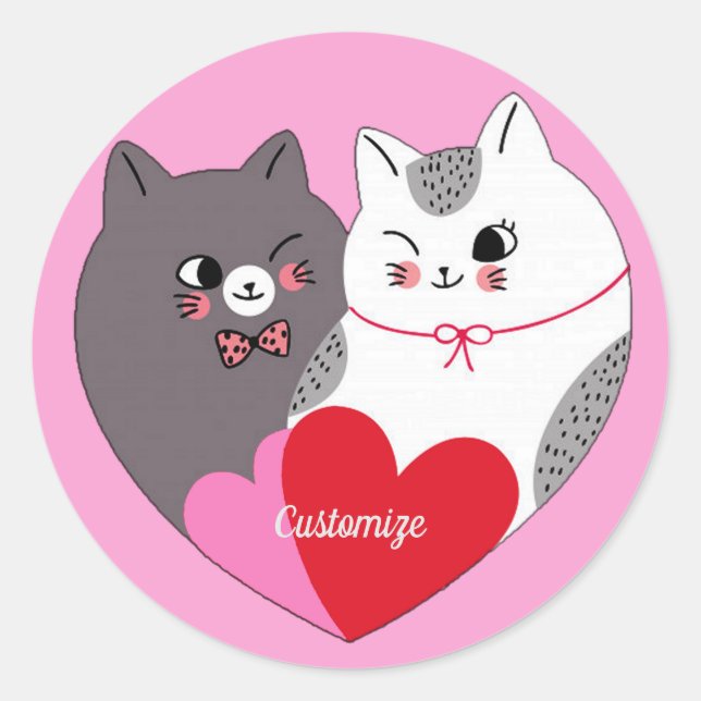 Adesivo Redondo Gatos de Amor Personalizados Rosa (Frente)