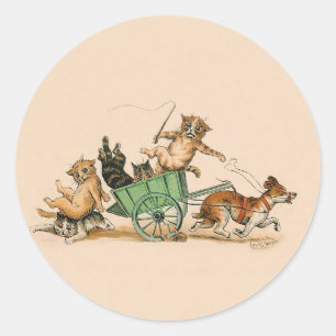 Adesivo Redondo Gatos e cão engraçados; Arte bonito do vintage p