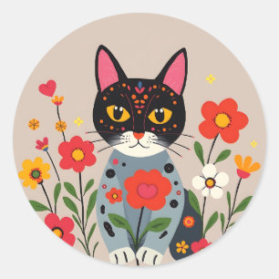 Adesivo Redondo Gatos e Flores Pretos de Arte Foliar